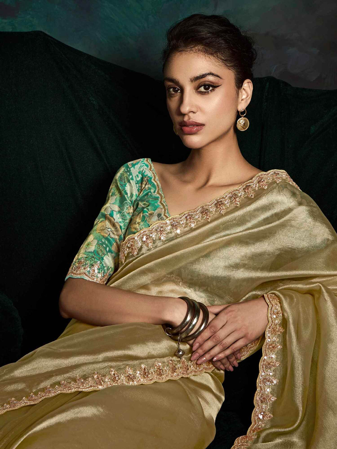 Alluring Golden Tissue Silk Saree With Printed Blouse - Zeel Clothing