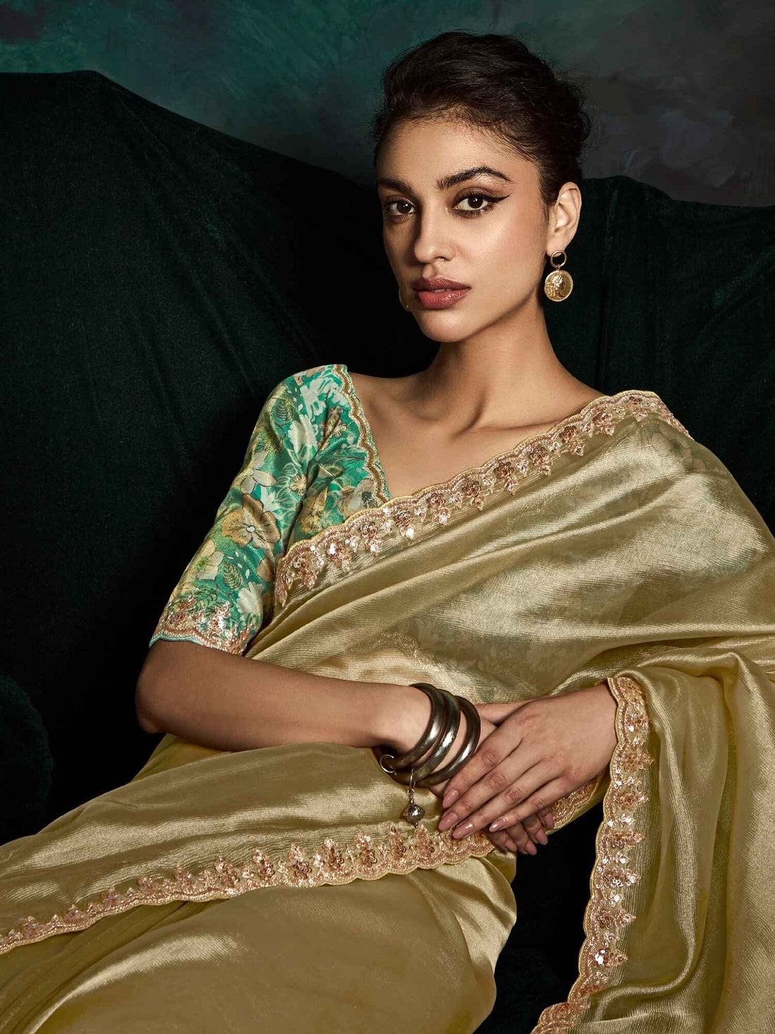 Alluring Golden Tissue Silk Saree With Printed Blouse - Zeel Clothing
