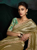 Alluring Golden Tissue Silk Saree With Printed Blouse - Zeel Clothing