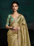 Alluring Golden Tissue Silk Saree With Printed Blouse - Zeel Clothing