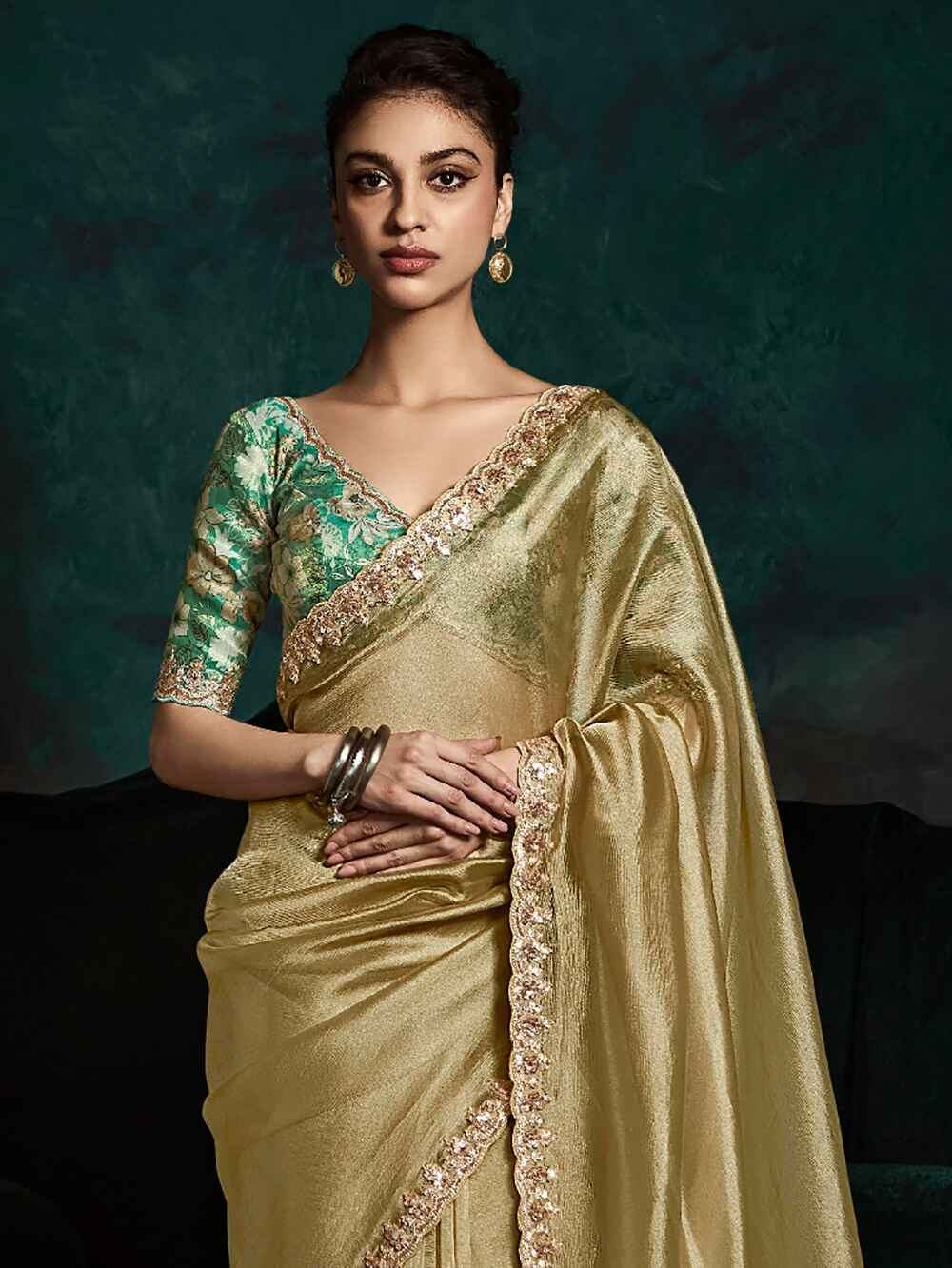 Alluring Golden Tissue Silk Saree With Printed Blouse - Zeel Clothing