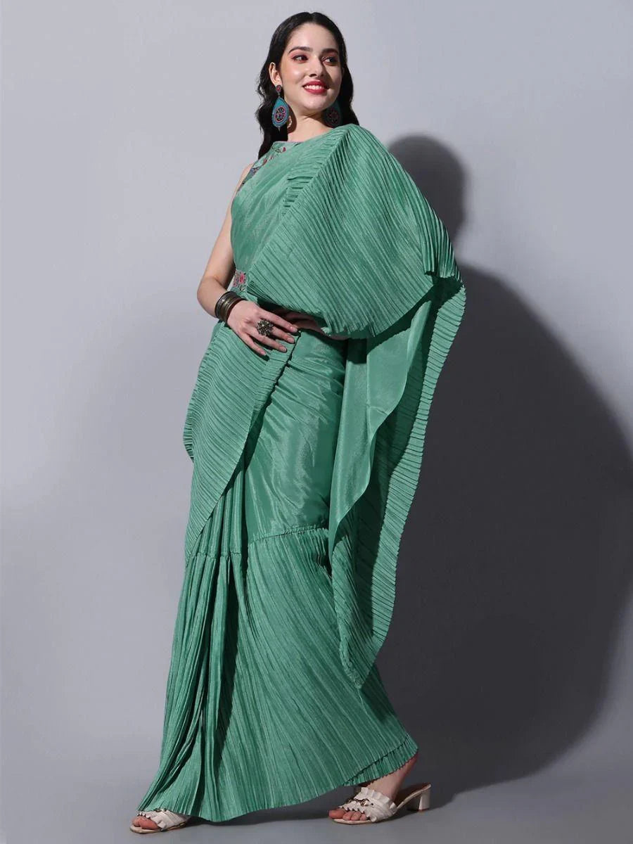 Alluring Green Chinon Party Wear Crushed Saree With Embroidered Blouse