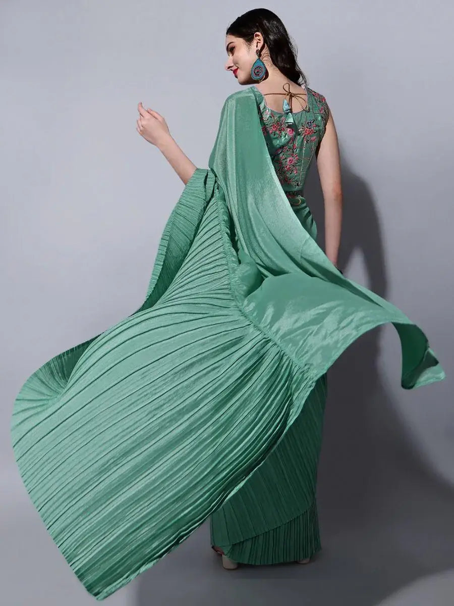 Alluring Green Chinon Party Wear Crushed Saree With Embroidered Blouse - Zeel Clothing
