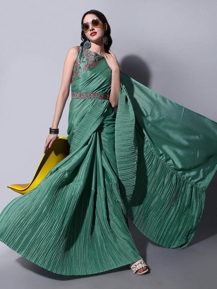 Alluring Green Chinon Party Wear Crushed Saree With Embroidered Blouse - Zeel Clothing