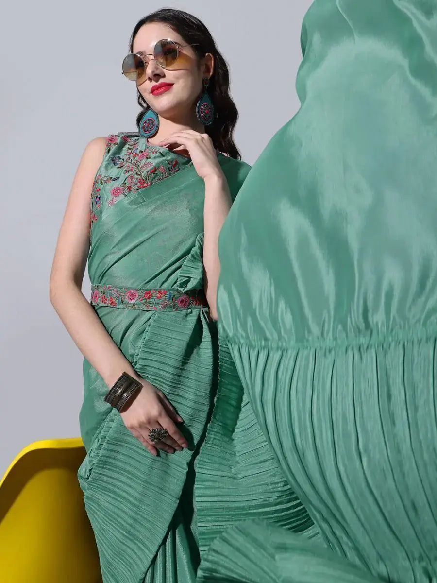 Alluring Green Chinon Party Wear Crushed Saree With Embroidered Blouse - Zeel Clothing