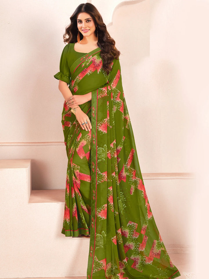 Alluring Green Digital Printed Georgette Office Wear Saree With Blouse - Zeel Clothing