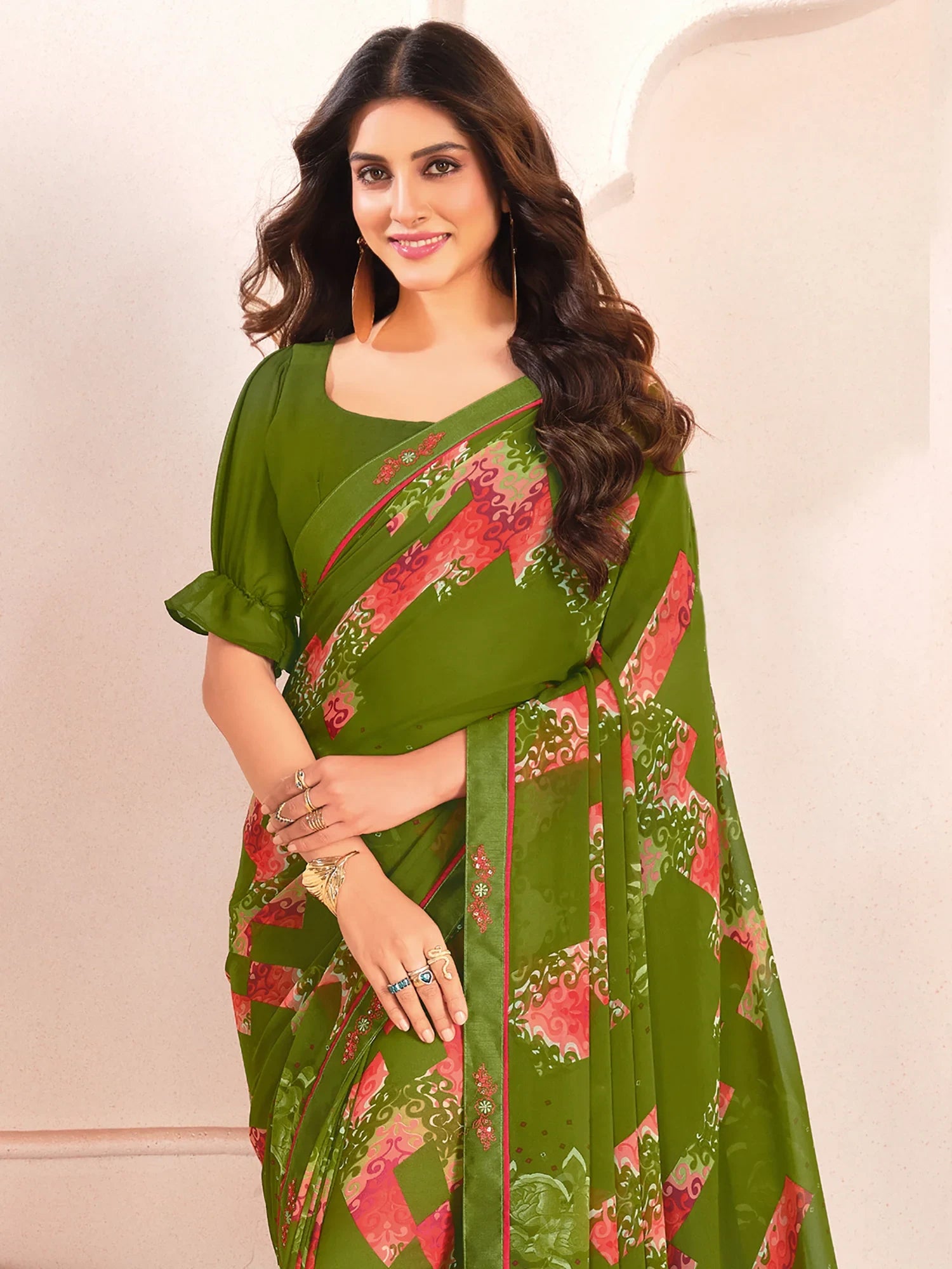 Alluring Green Digital Printed Georgette Office Wear Saree With Blouse - Zeel Clothing