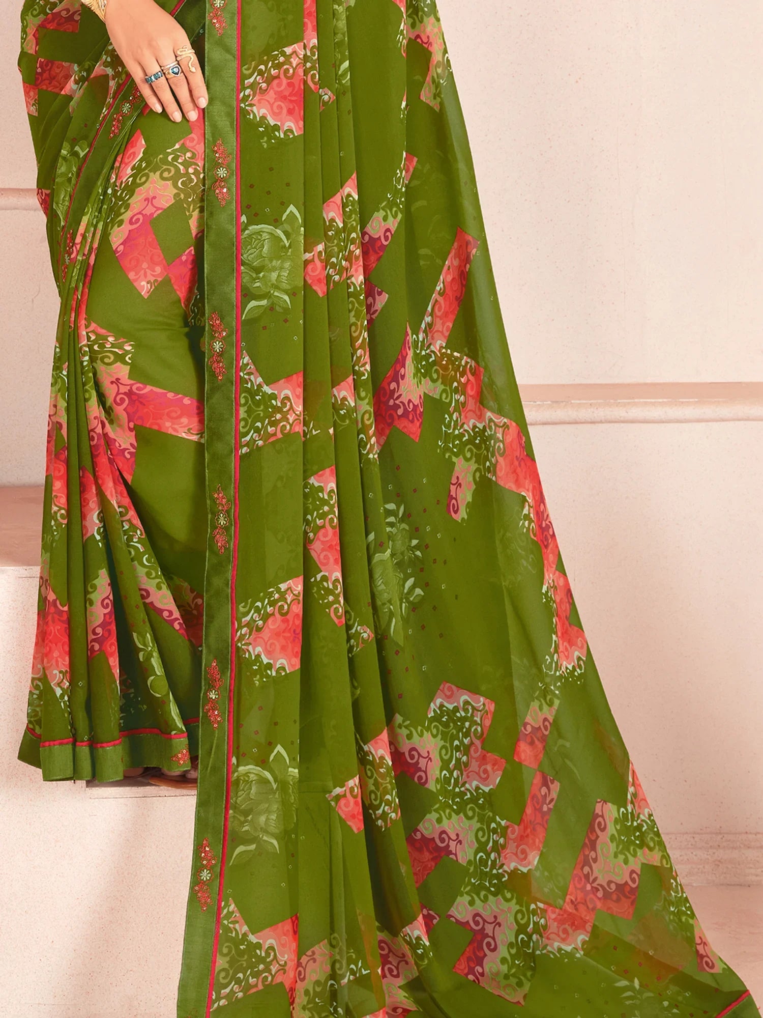 Alluring Green Digital Printed Georgette Office Wear Saree With Blouse - Zeel Clothing