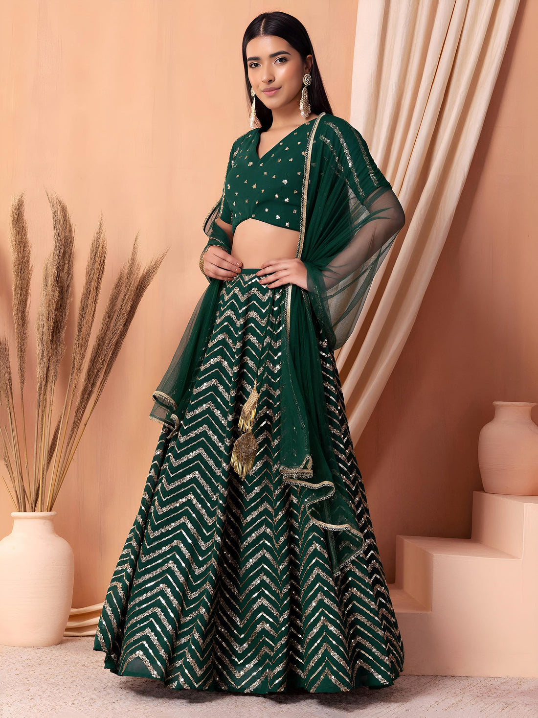 Alluring Green Embroidered Georgette Mehendi Wear Lehenga Choli