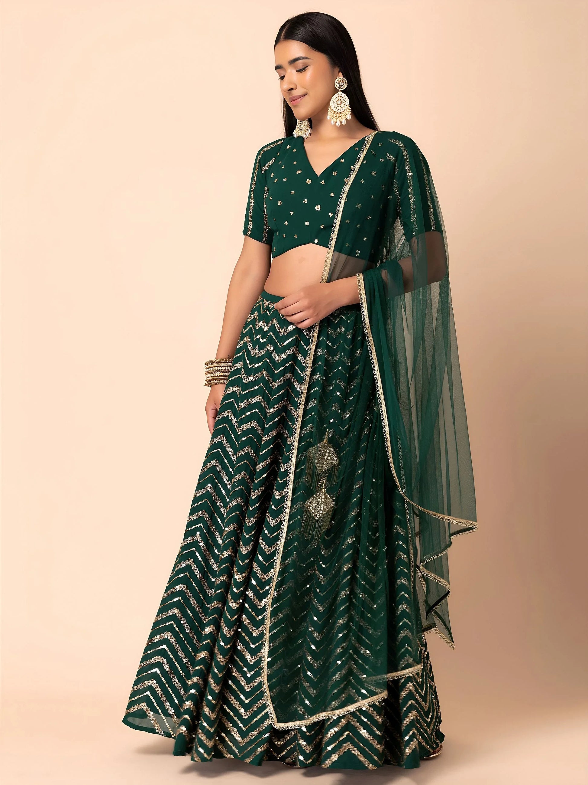 Alluring Green Embroidered Georgette Mehendi Wear Lehenga Choli