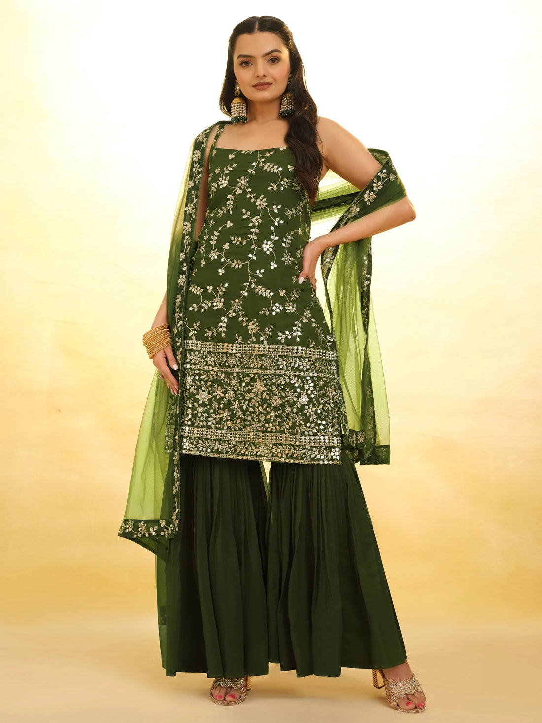 Alluring Green Embroidered Georgette Mehendi Wear Sharara Suit - Zeel Clothing