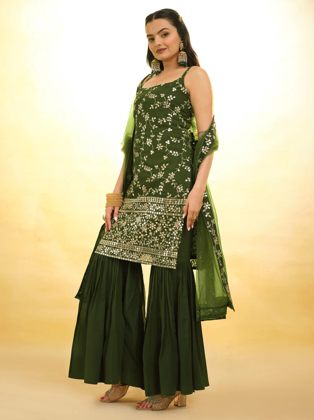 Alluring Green Embroidered Georgette Mehendi Wear Sharara Suit - Zeel Clothing