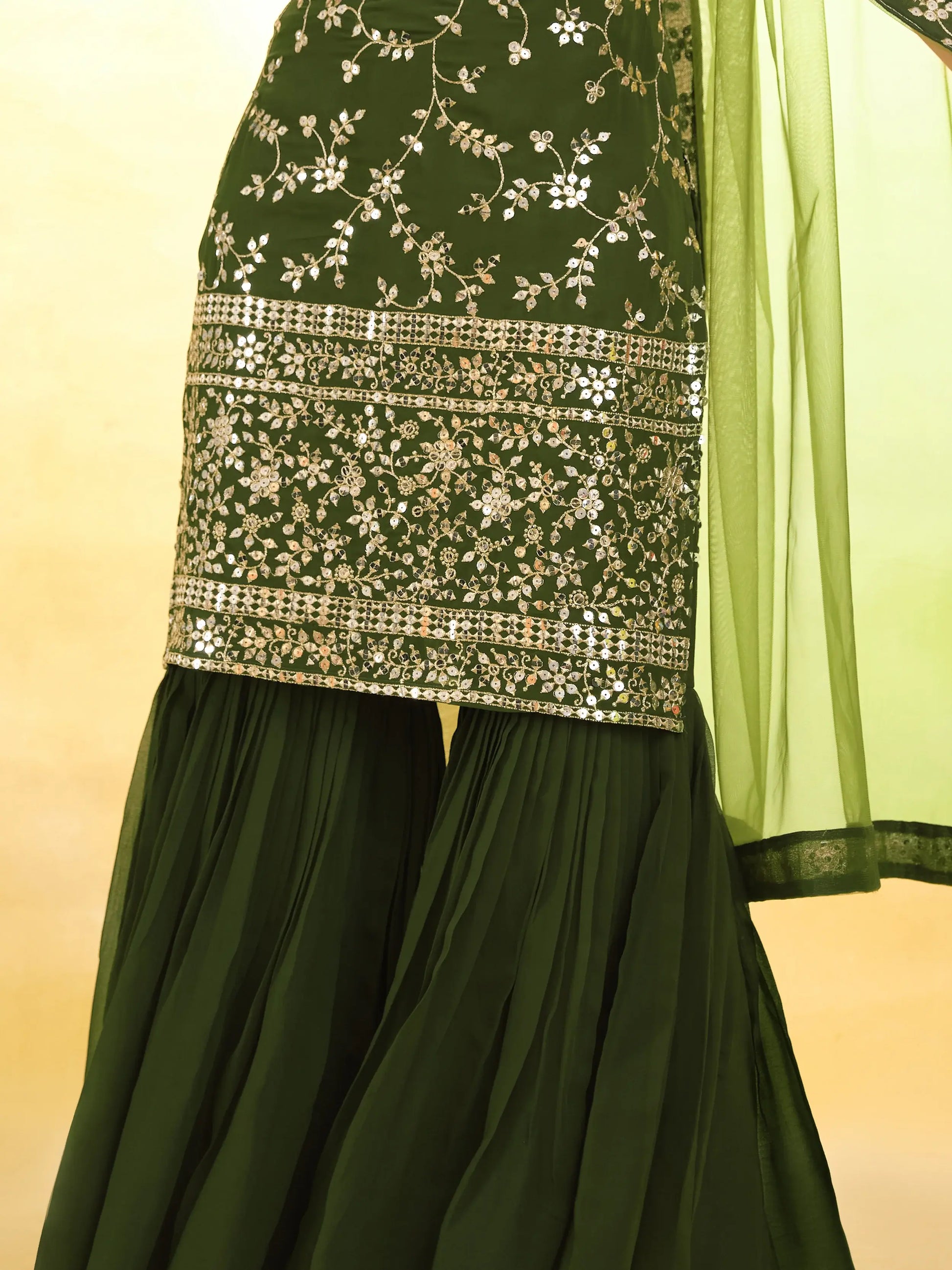 Alluring Green Embroidered Georgette Mehendi Wear Sharara Suit - Zeel Clothing