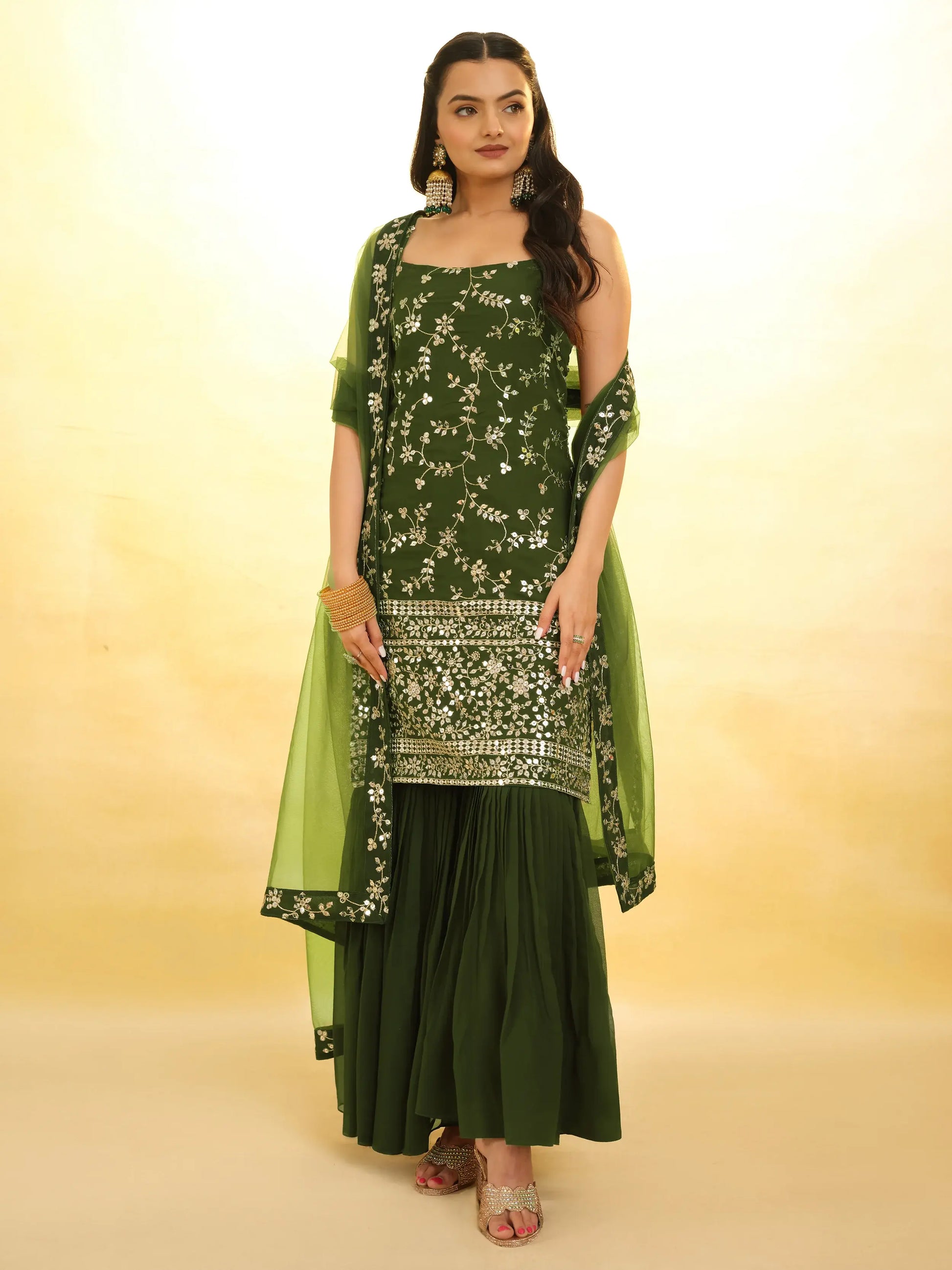Alluring Green Embroidered Georgette Mehendi Wear Sharara Suit - Zeel Clothing