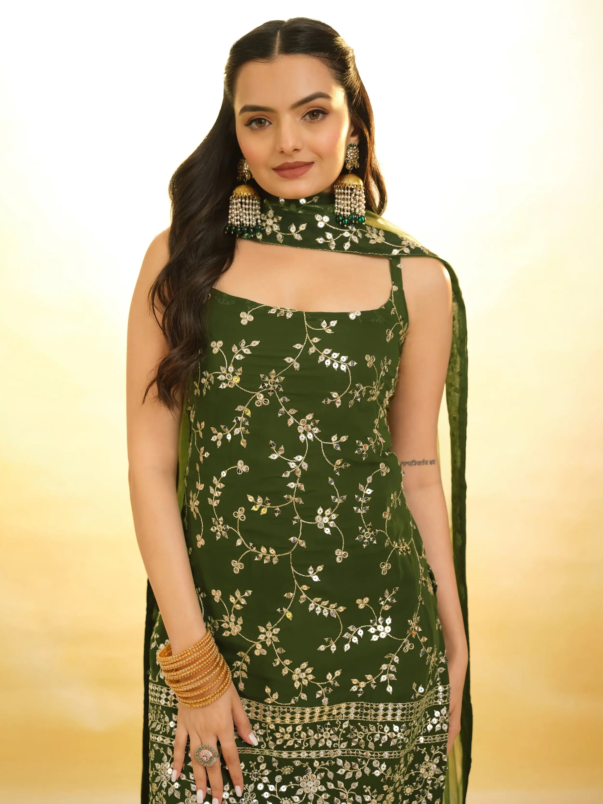 Alluring Green Embroidered Georgette Mehendi Wear Sharara Suit - Zeel Clothing