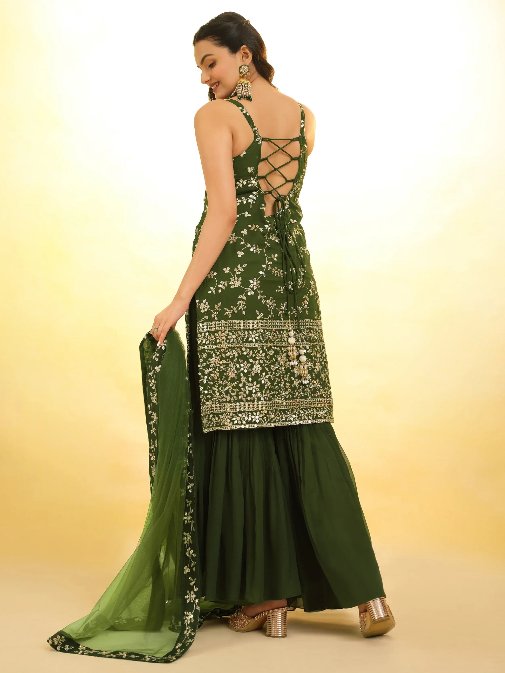 Alluring Green Embroidered Georgette Mehendi Wear Sharara Suit - Zeel Clothing