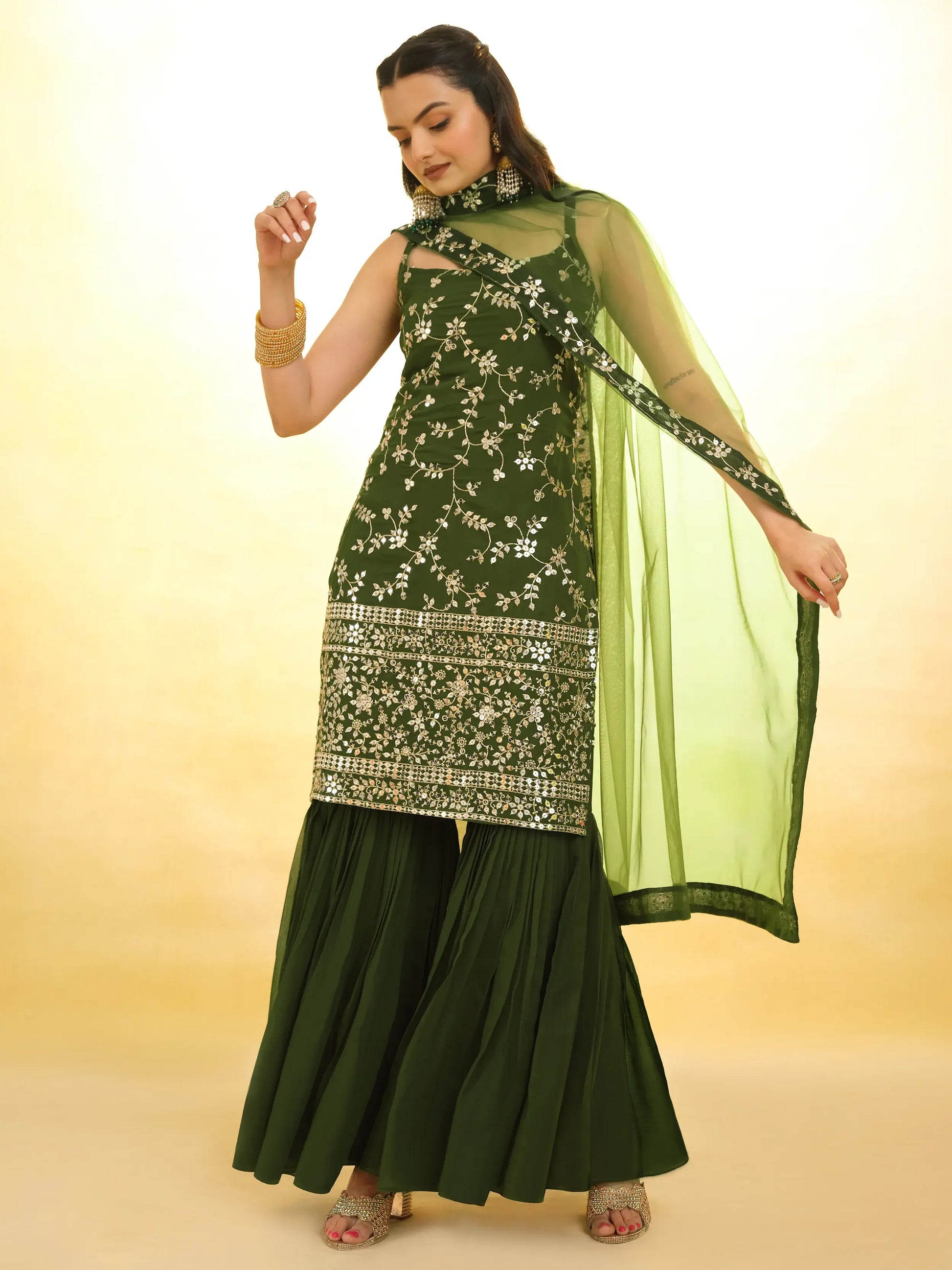 Alluring Green Embroidered Georgette Mehendi Wear Sharara Suit - Zeel Clothing