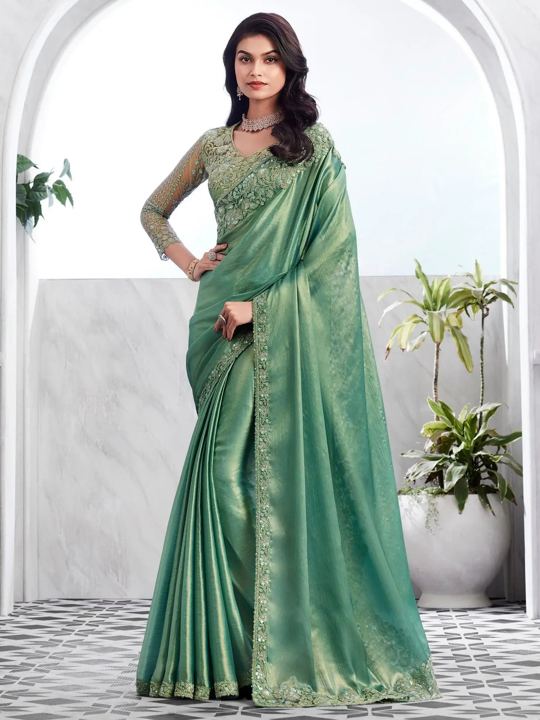 Alluring Green Embroidered Shimmer Silk Bridesmaid Saree With Blouse - Zeel Clothing