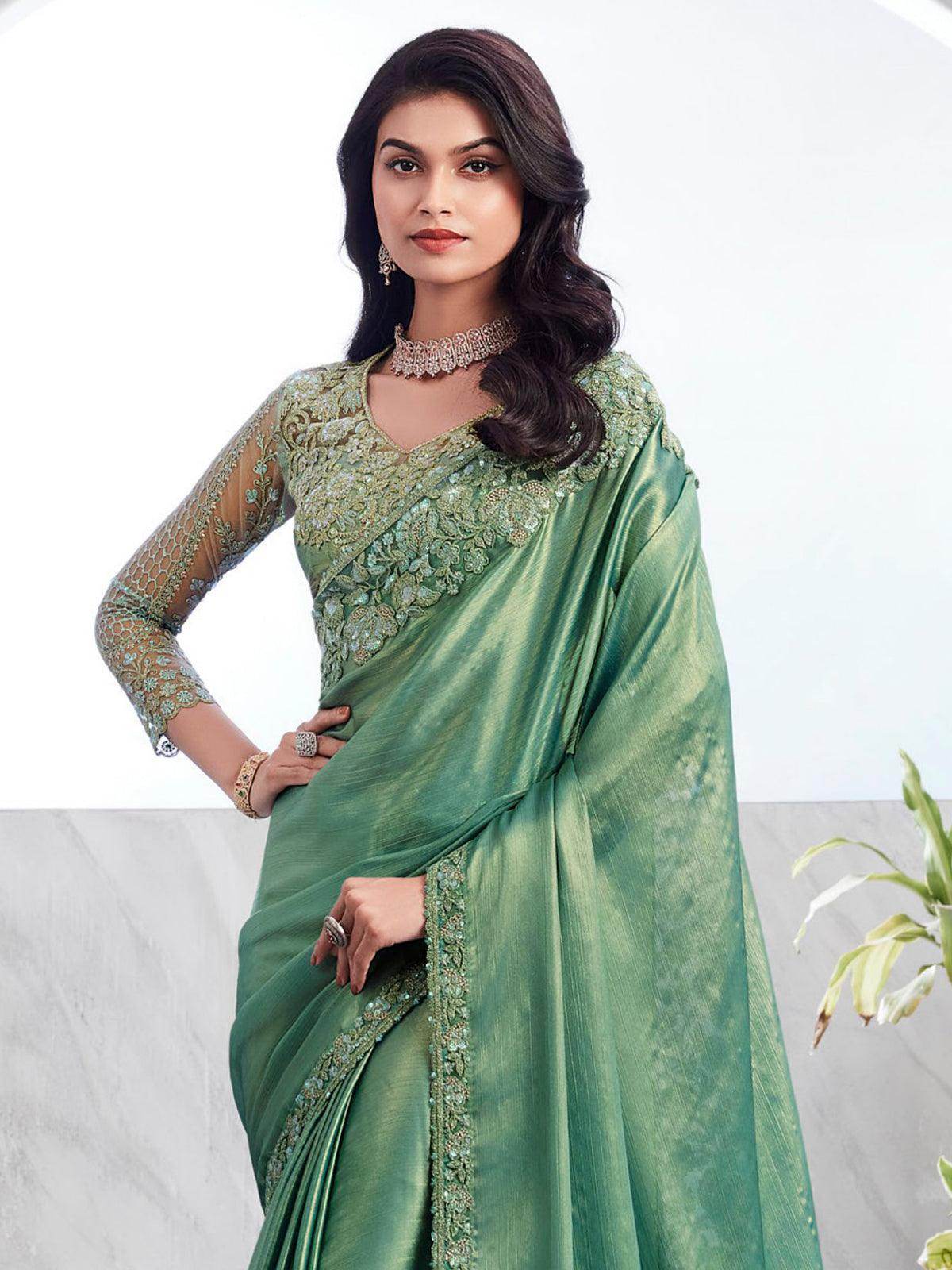 Alluring Green Embroidered Shimmer Silk Bridesmaid Saree With Blouse - Zeel Clothing