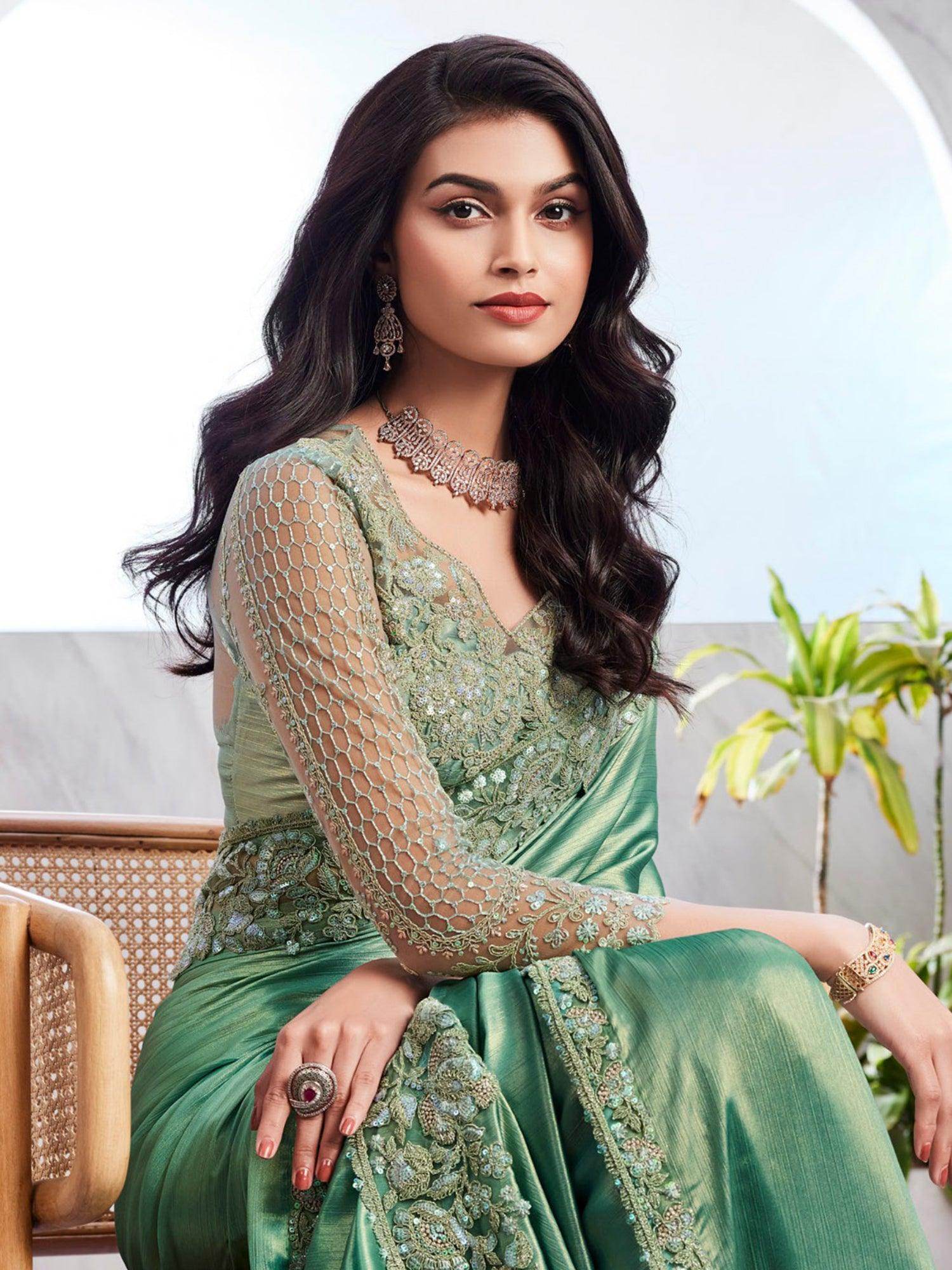 Alluring Green Embroidered Shimmer Silk Bridesmaid Saree With Blouse - Zeel Clothing