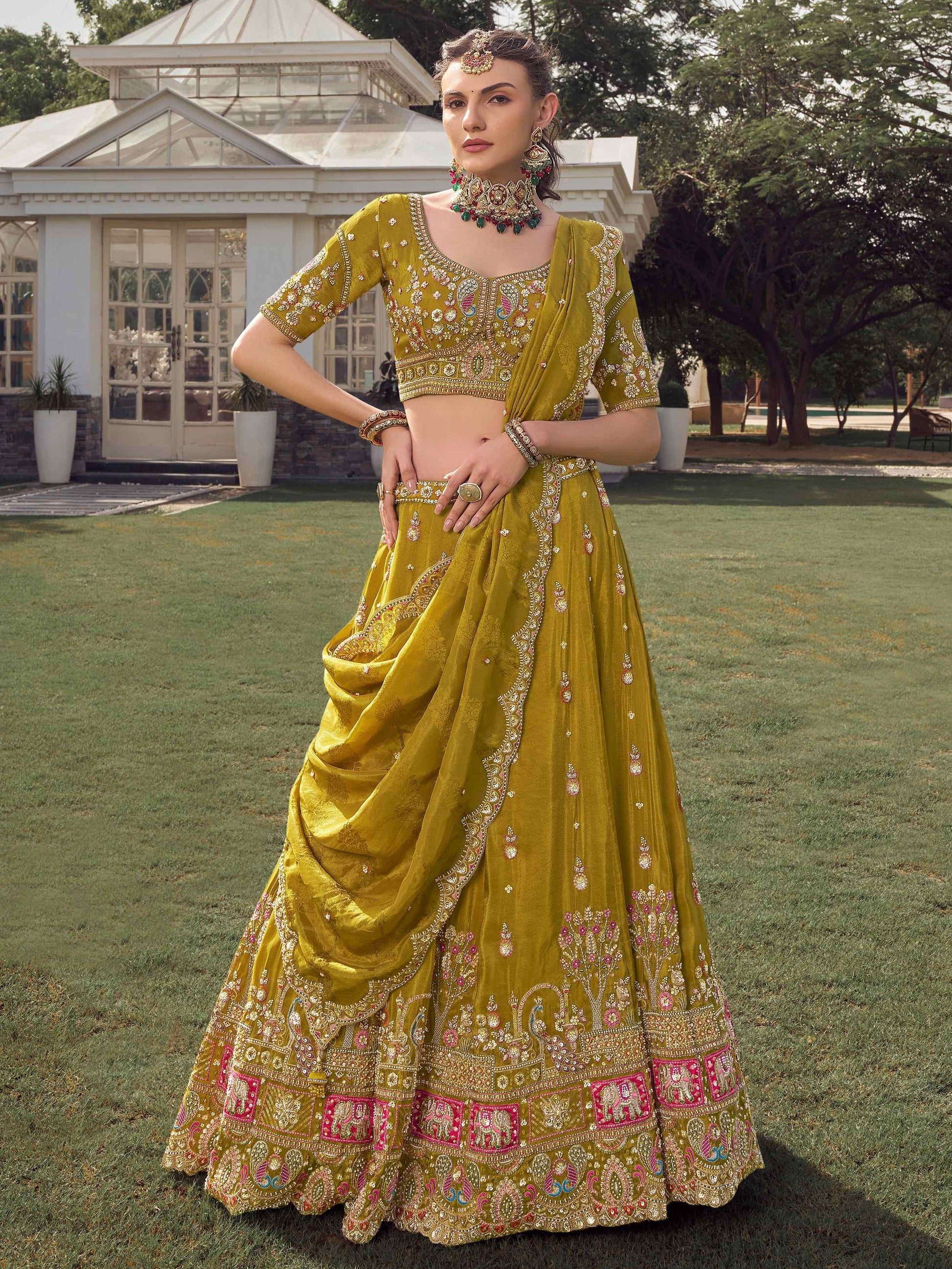 Alluring Green Khatli Work Tissue Event Wear Lehenga Choli With Dupatta