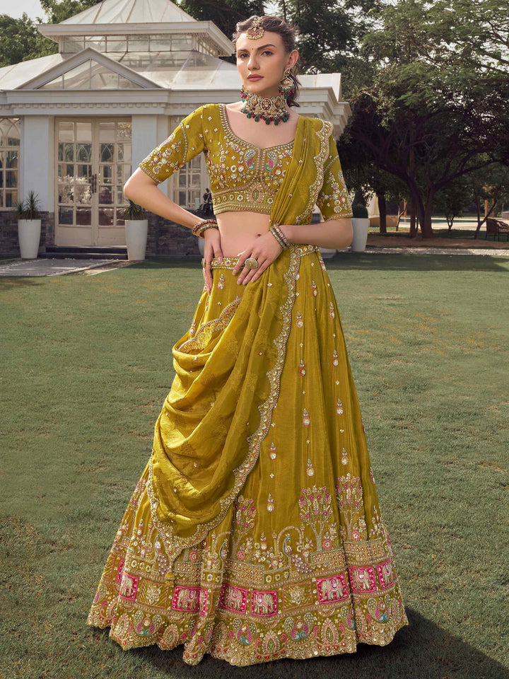 Alluring Green Khatli Work Tissue Event Wear Lehenga Choli With Dupatta