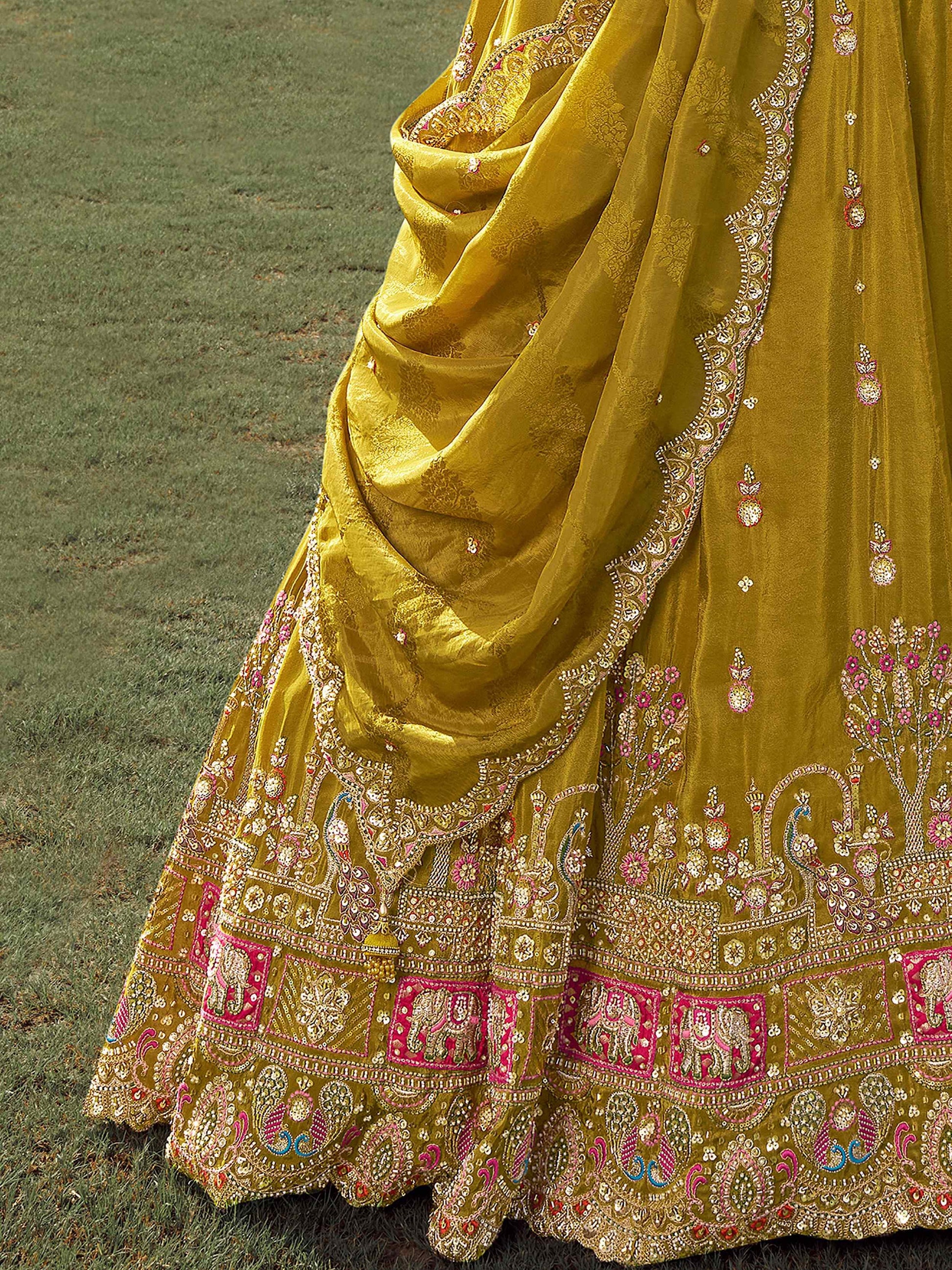Alluring Green Khatli Work Tissue Event Wear Lehenga Choli With Dupatta
