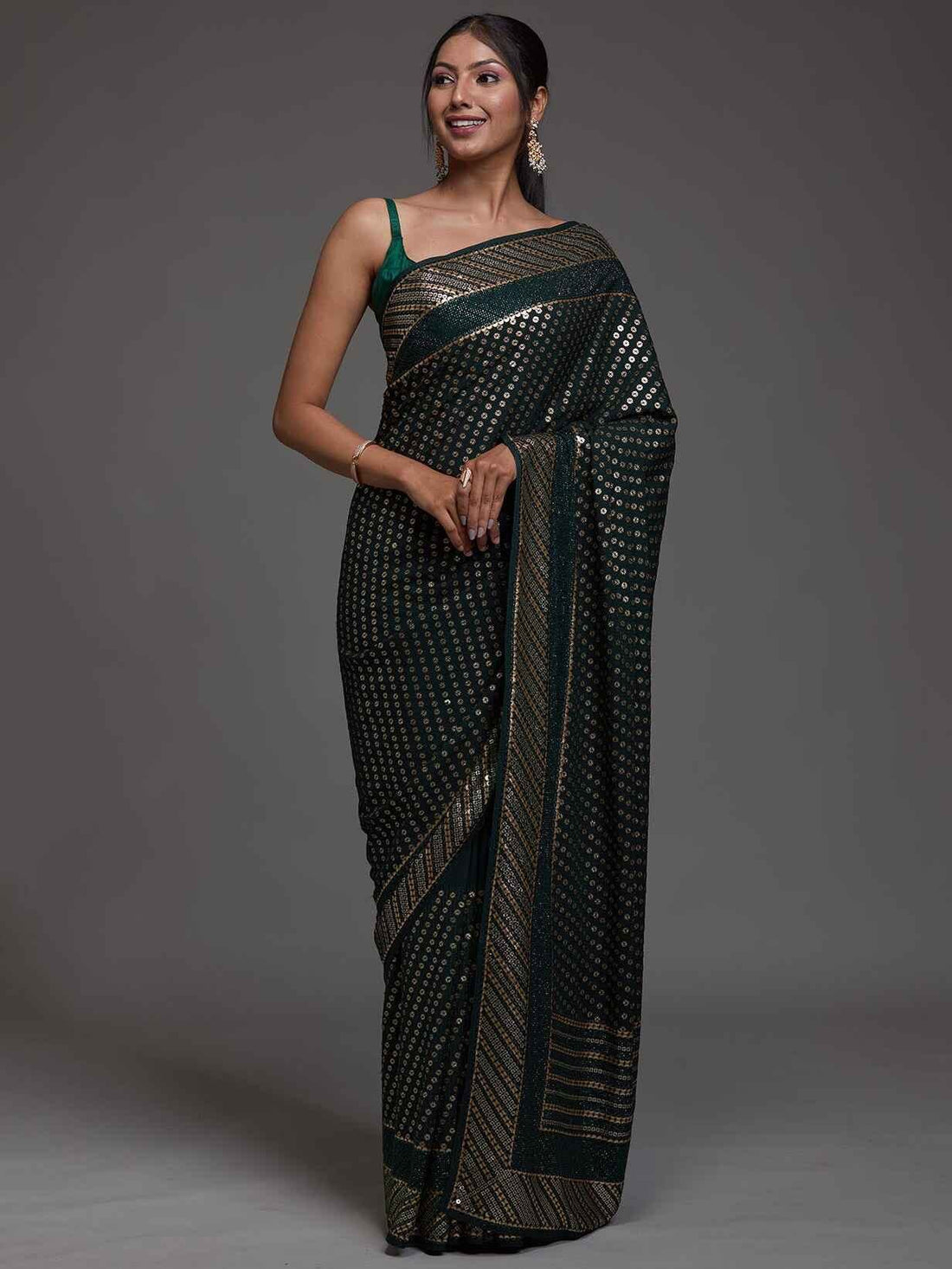 Alluring Green Sequins Georgette Reception Wear Saree With Blouse - Zeel Clothing