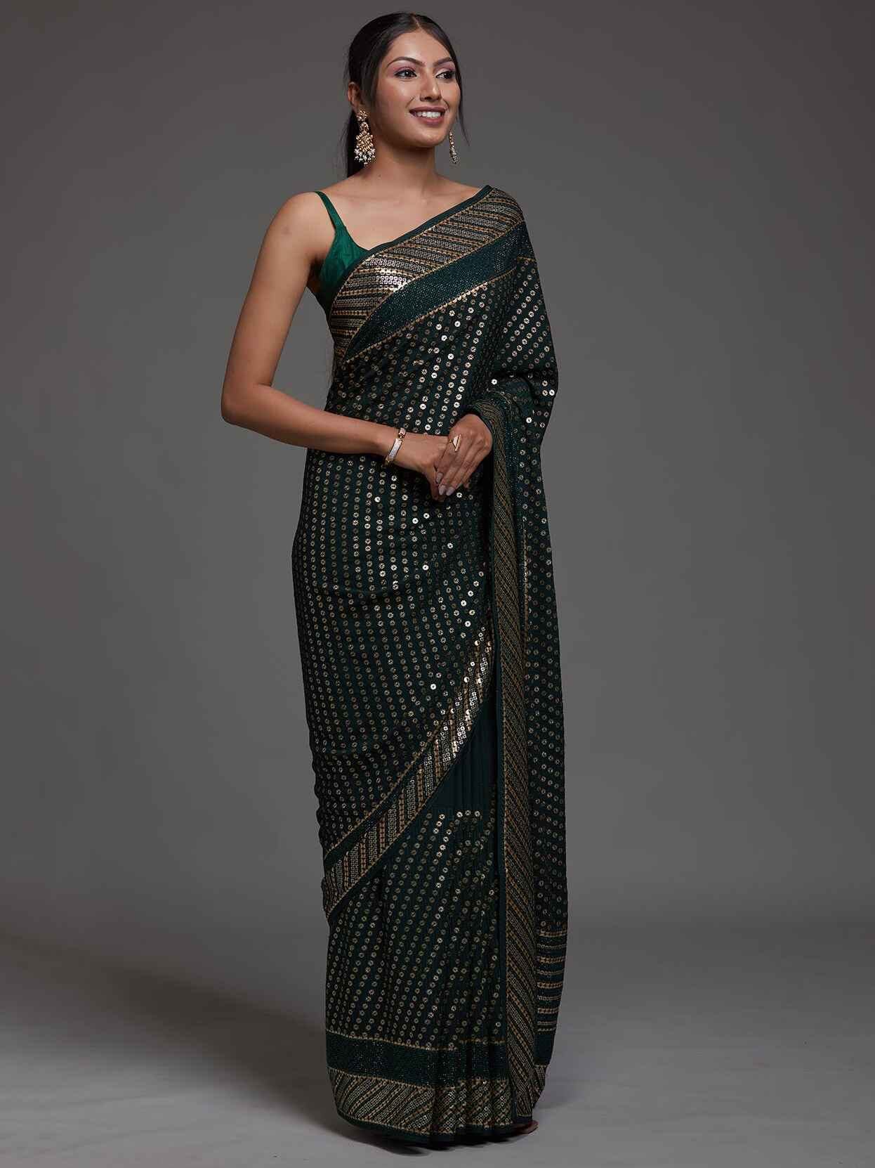 Alluring Green Sequins Georgette Reception Wear Saree With Blouse - Zeel Clothing