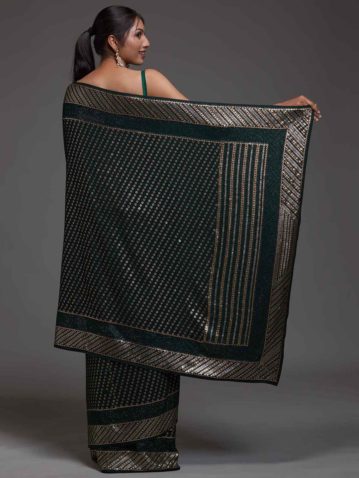 Alluring Green Sequins Georgette Reception Wear Saree With Blouse - Zeel Clothing