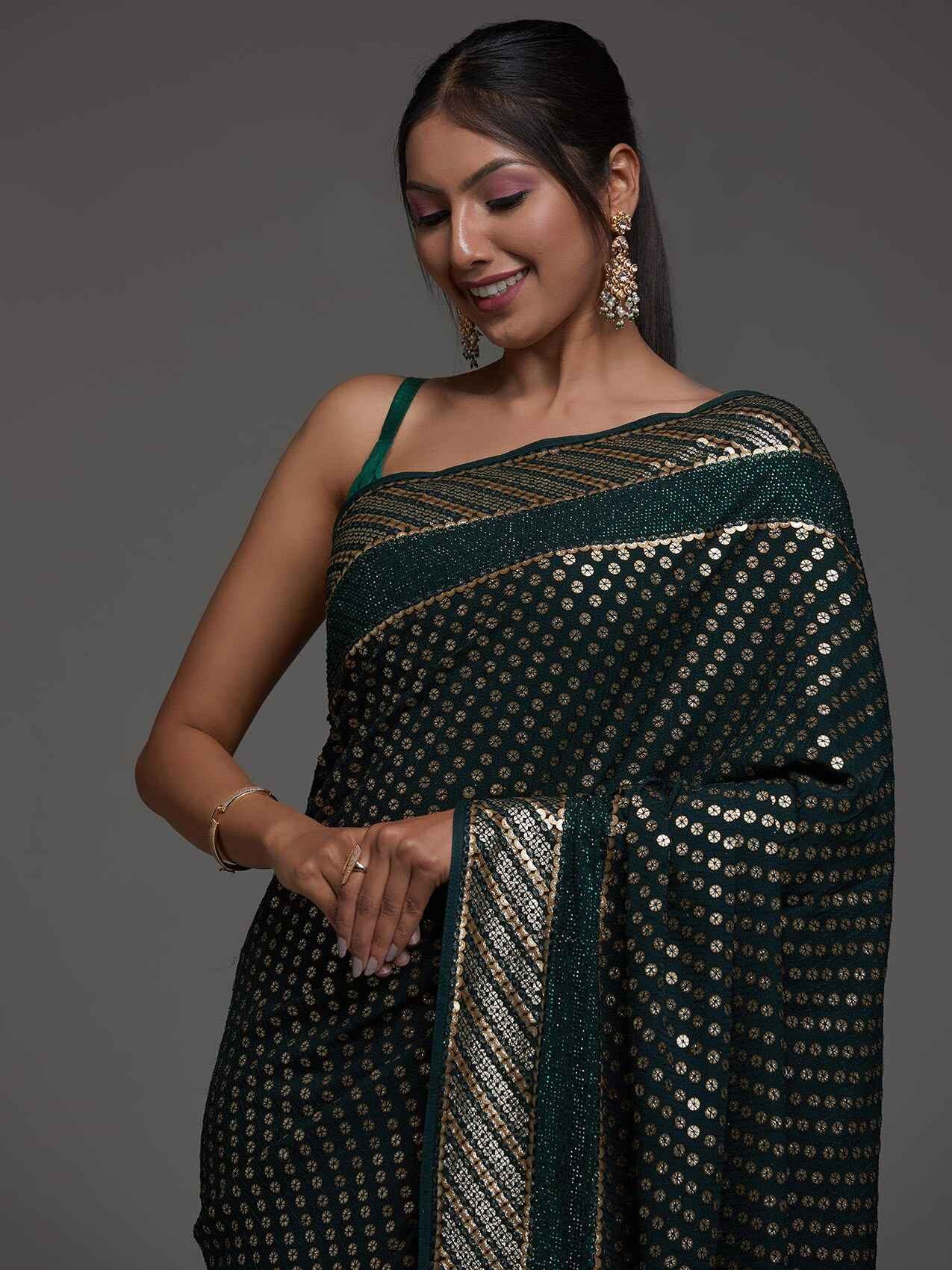 Alluring Green Sequins Georgette Reception Wear Saree With Blouse - Zeel Clothing