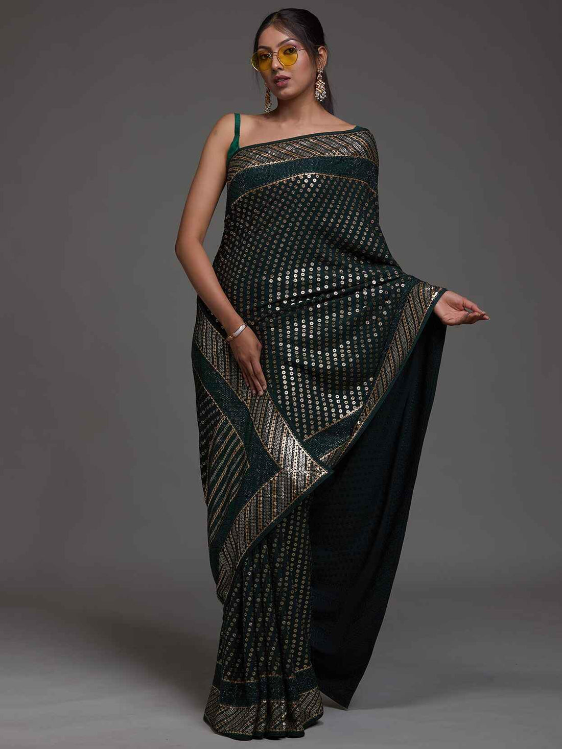 Alluring Green Sequins Georgette Reception Wear Saree With Blouse - Zeel Clothing