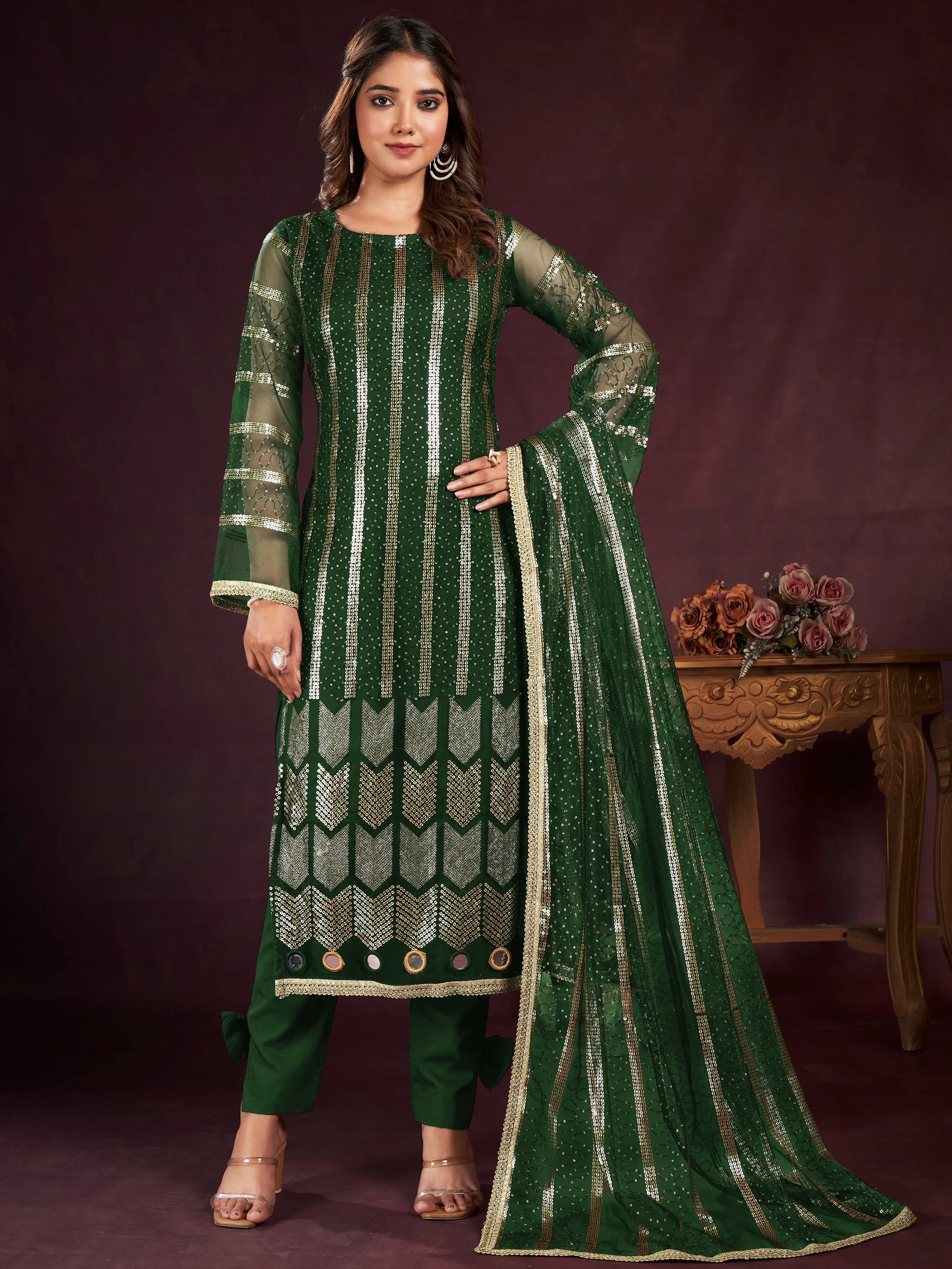 Alluring Green Sequins Net Mehendi Wear Salwar Kameez With Dupatta - Zeel Clothing