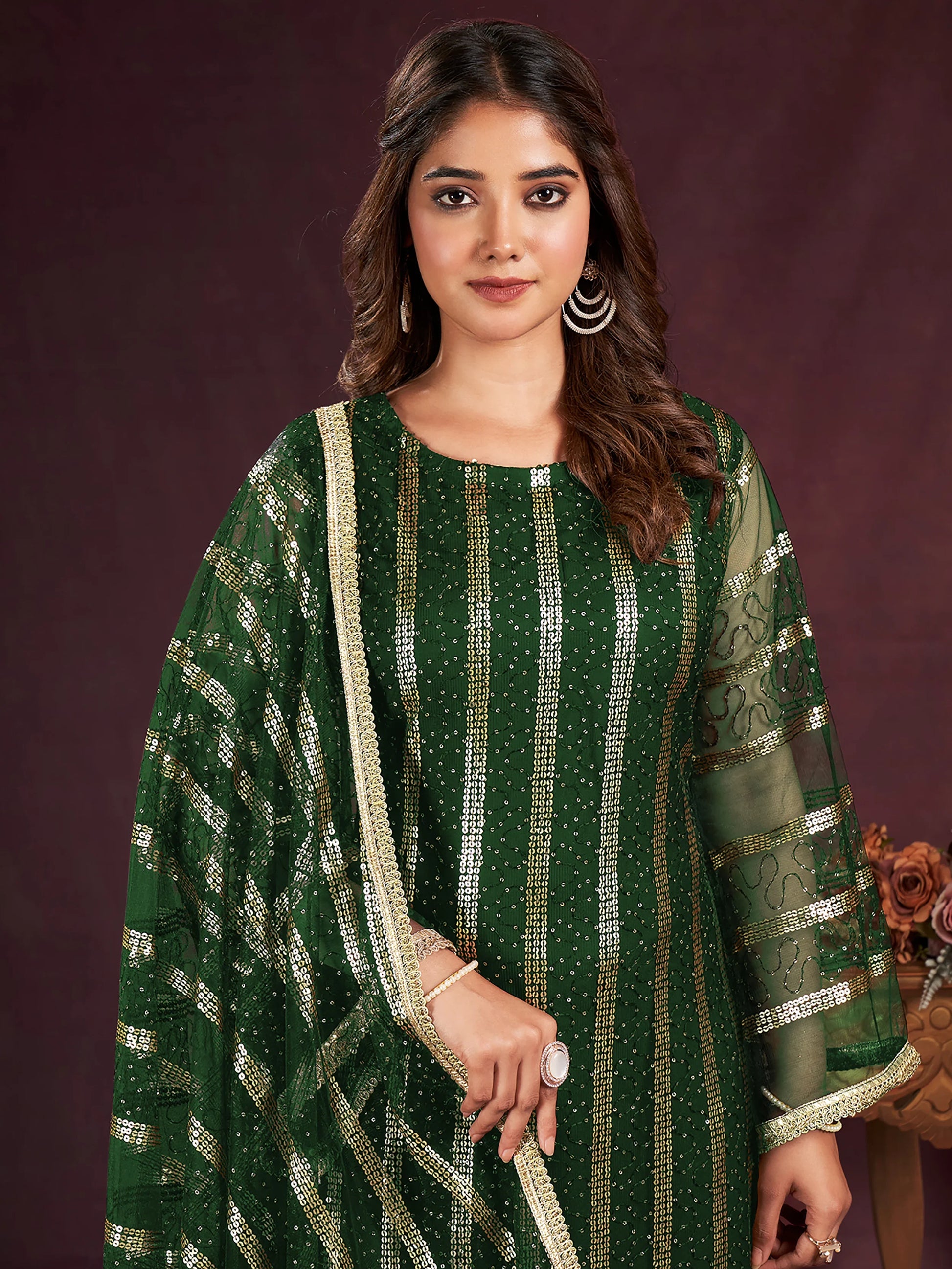 Alluring Green Sequins Net Mehendi Wear Salwar Kameez With Dupatta - Zeel Clothing