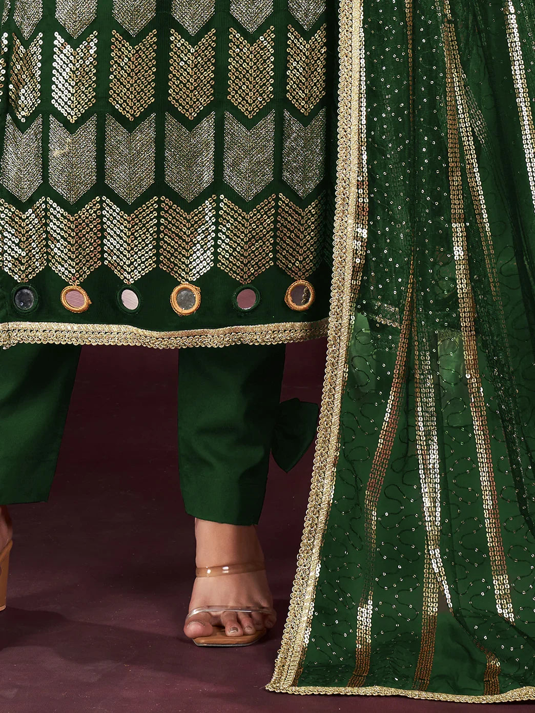 Alluring Green Sequins Net Mehendi Wear Salwar Kameez With Dupatta - Zeel Clothing