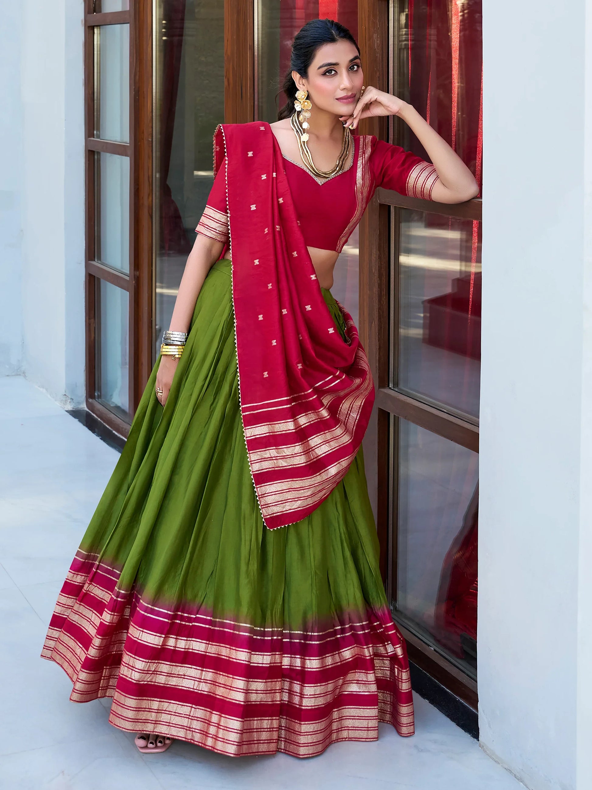 Alluring Green Zari Weaving Chanderi Festival Wear Lehenga Choli - Zeel Clothing