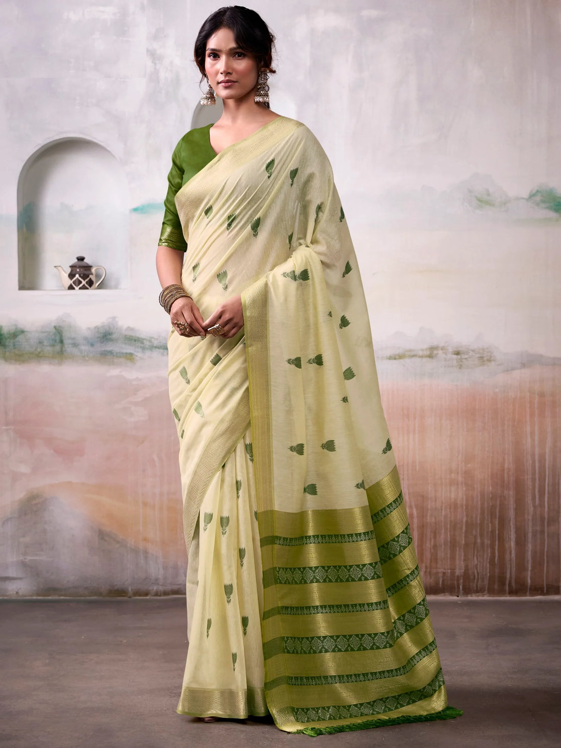 Alluring Green Zari Weaving Cotton Casual Wear Saree With Blouse - Zeel Clothing
