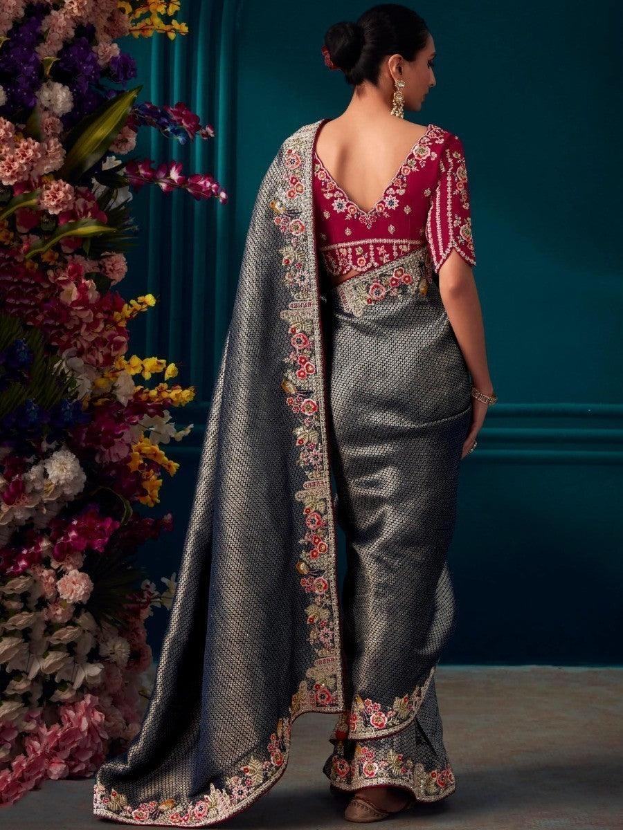 Alluring Grey Embroidered Kanjivaram Silk Festive Wear Saree With Blouse