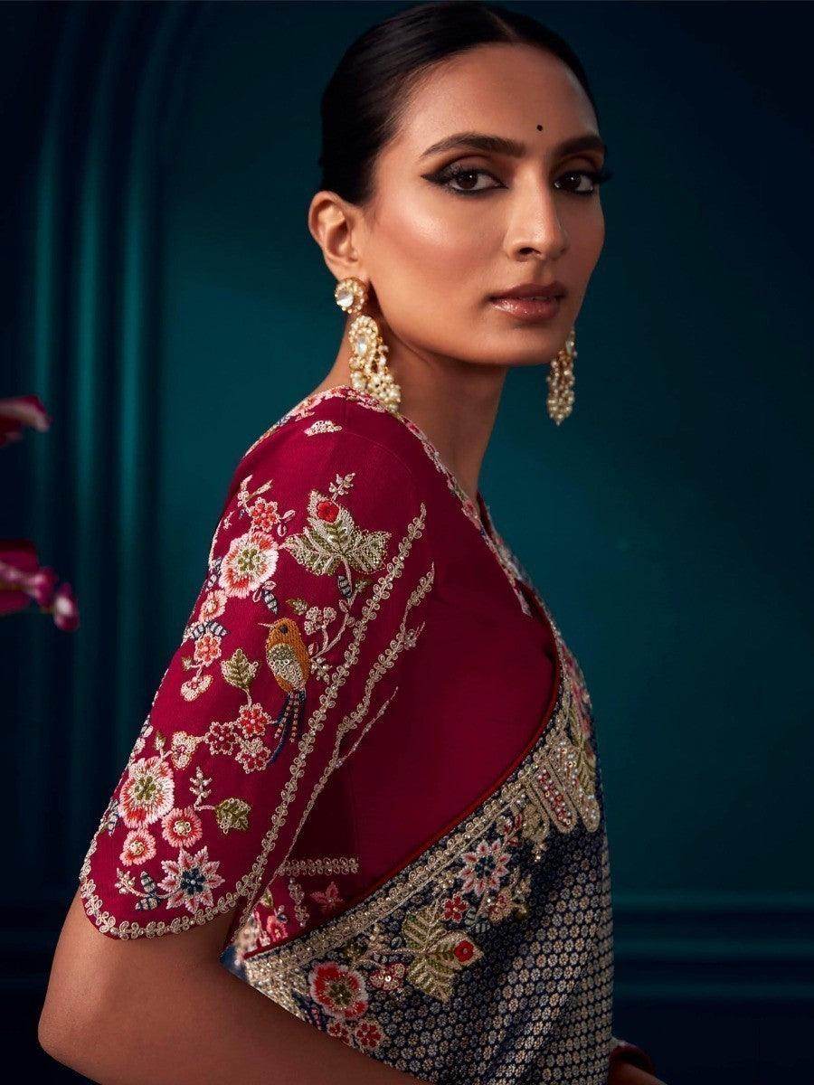 Alluring Grey Embroidered Kanjivaram Silk Festive Wear Saree With Blouse - Zeel Clothing