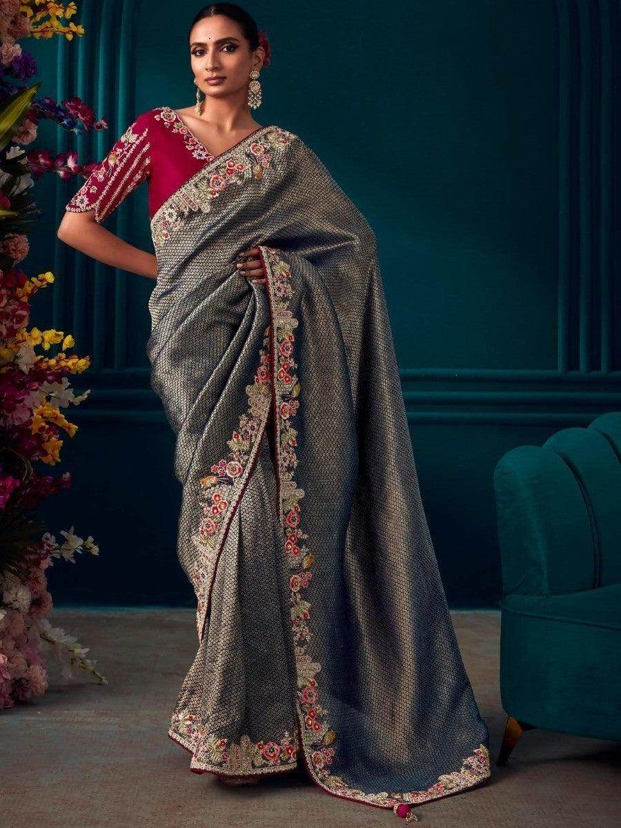 Alluring Grey Embroidered Kanjivaram Silk Festive Wear Saree With Blouse - Zeel Clothing
