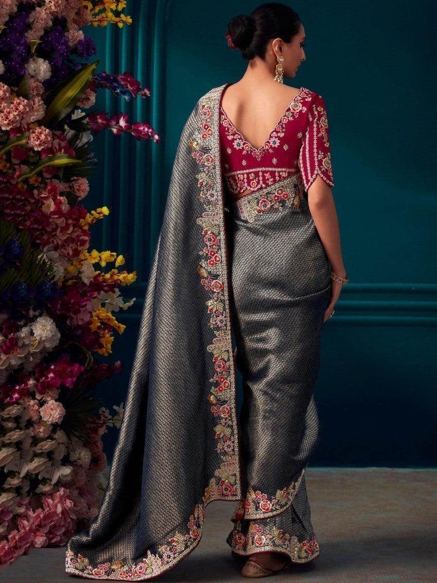 Alluring Grey Embroidered Kanjivaram Silk Festive Wear Saree With Blouse - Zeel Clothing