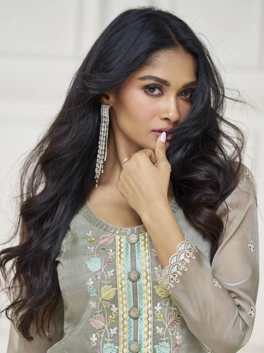 Alluring Grey Embroidered Organza Festival Wear Pant Suit With Dupatta