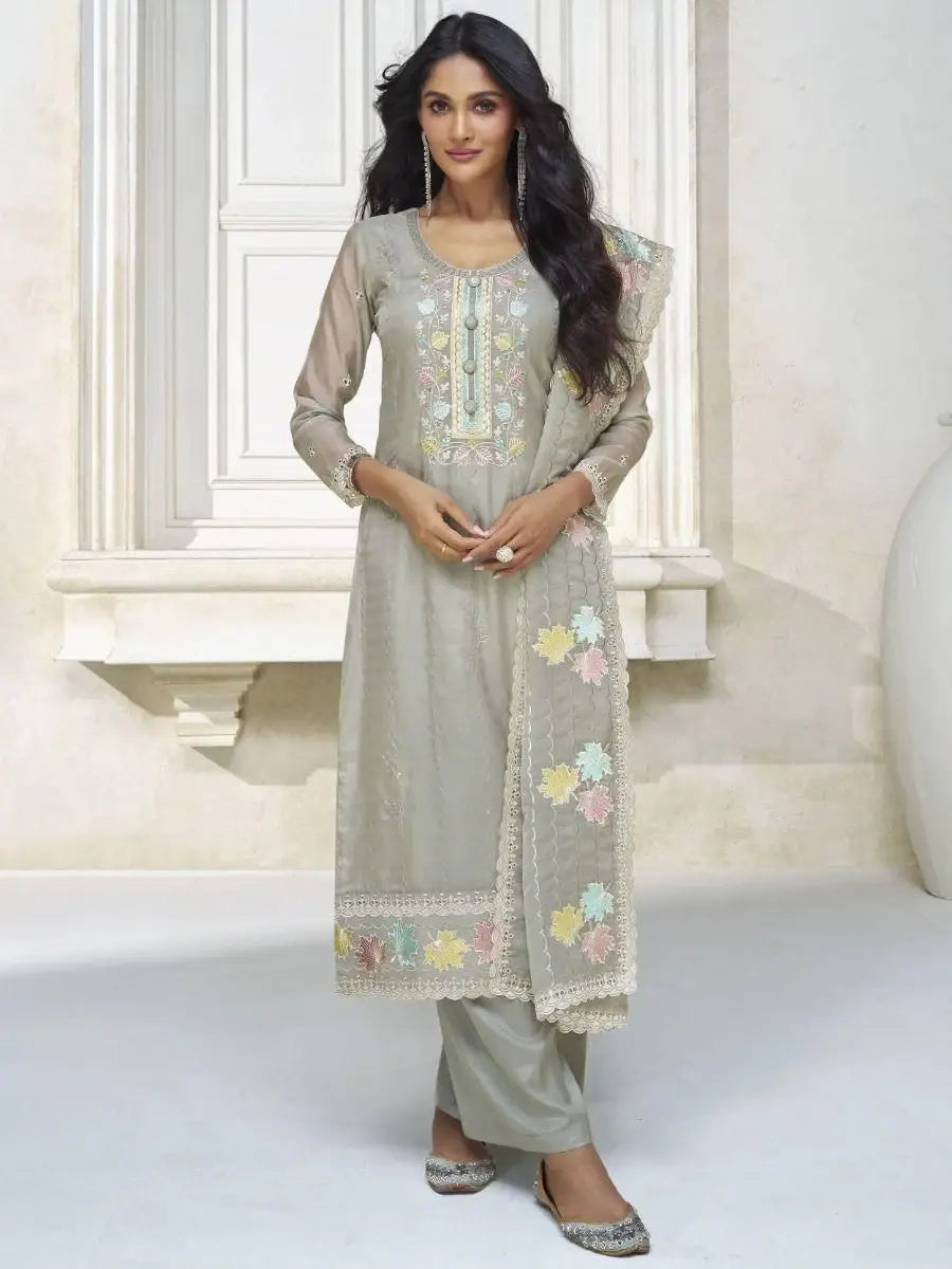 Alluring Grey Embroidered Organza Festival Wear Pant Suit With Dupatta - Zeel Clothing