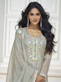 Alluring Grey Embroidered Organza Festival Wear Pant Suit With Dupatta - Zeel Clothing