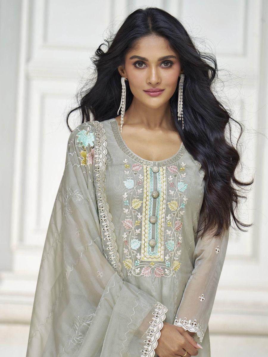 Alluring Grey Embroidered Organza Festival Wear Pant Suit With Dupatta - Zeel Clothing