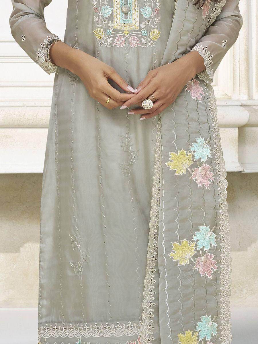 Alluring Grey Embroidered Organza Festival Wear Pant Suit With Dupatta - Zeel Clothing