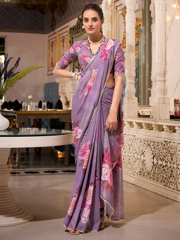 Alluring Grey Floral Printed Georgette Event Wear Saree With Blouse - Zeel Clothing