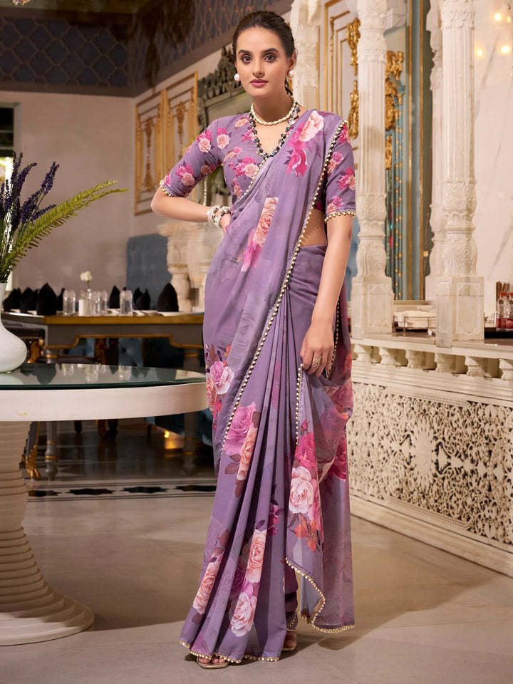 Alluring Grey Floral Printed Georgette Event Wear Saree With Blouse - Zeel Clothing