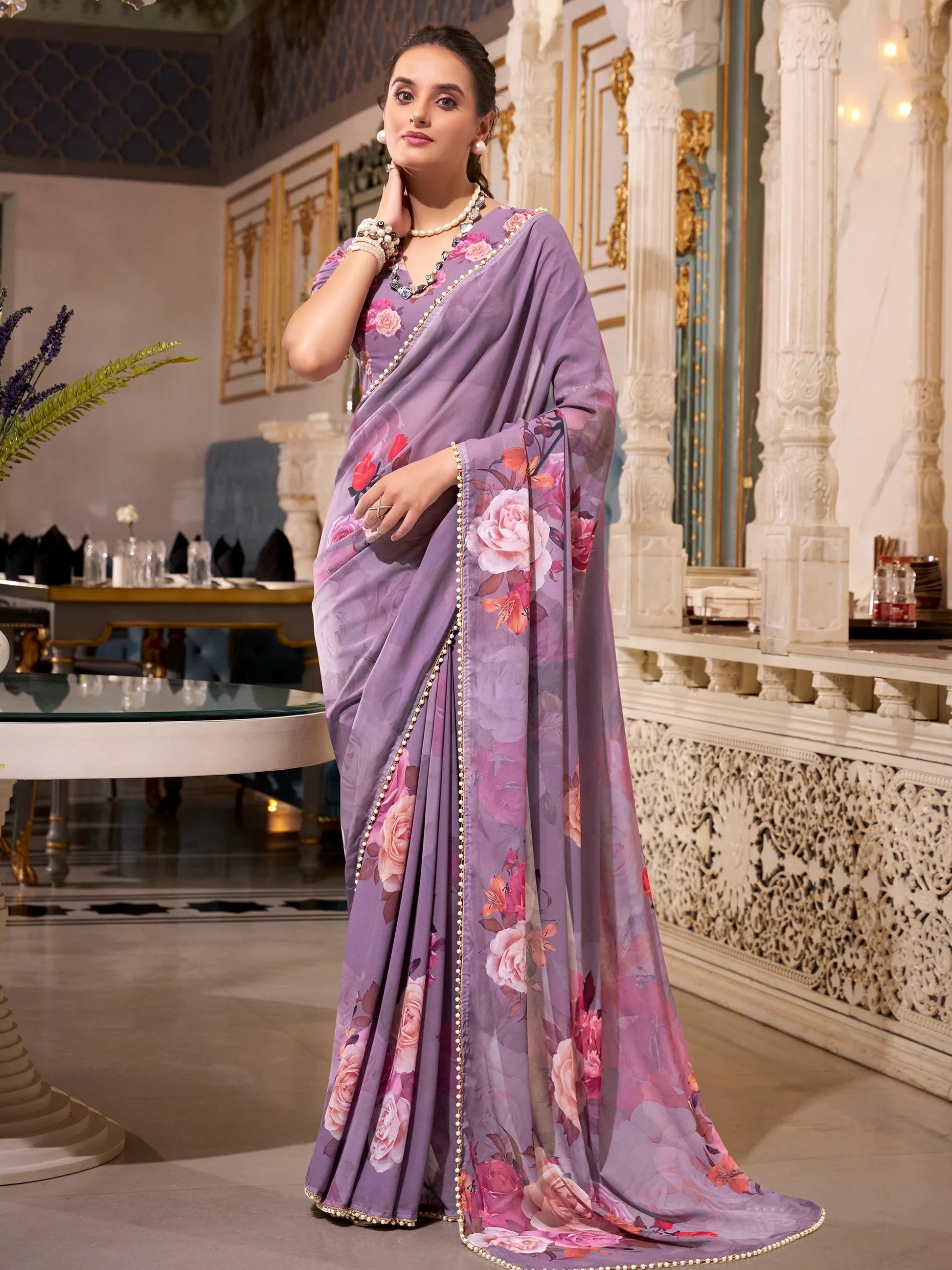 Alluring Grey Floral Printed Georgette Event Wear Saree With Blouse - Zeel Clothing