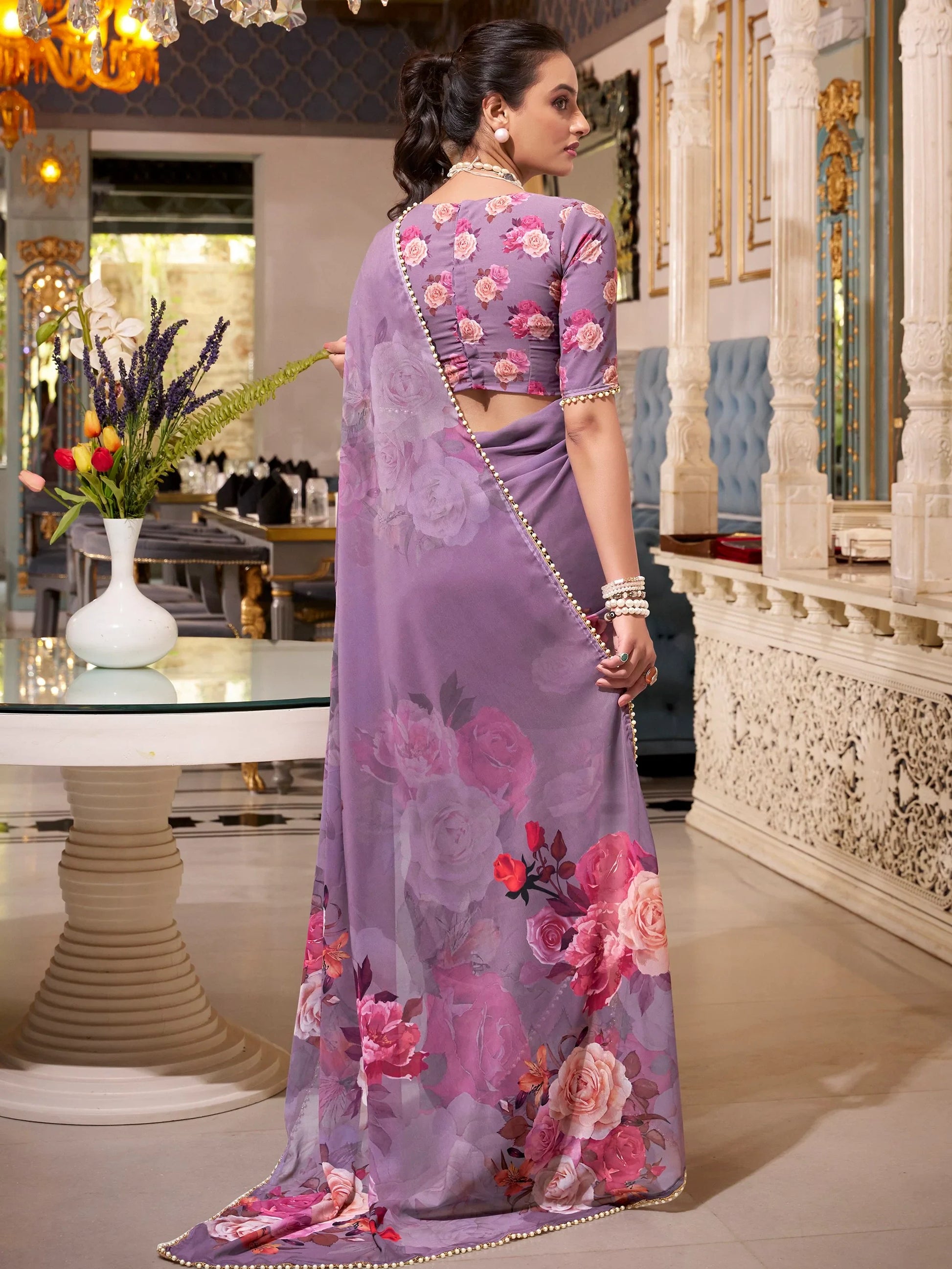 Alluring Grey Floral Printed Georgette Event Wear Saree With Blouse - Zeel Clothing